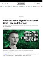 Vitalik Buterin Argues for 10x Gas Limit Hike on Ethereum - 