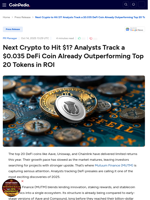 Next Crypto to Hit $1? Analysts Track a $0.035 DeFi Coin Already Outperforming Top 20 Tokens in ROI
