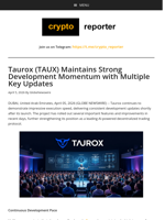 Taurox (TAUX) Maintains Strong Development Momentum with Multiple Key Updates