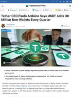 Tether CEO Paolo Ardoino Says USDT Adds 30 Million New Wallets Every Quarter - TheNewsCrypto