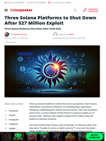 Three Solana Platforms to Shut Down After $27 Million Exploit - Coinspeaker
