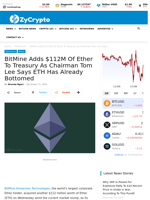 BitMine Adds $112M Of Ether To Treasury As Chairman Tom Lee Says ETH Has Already Bottomed ⋆ ZyCrypto