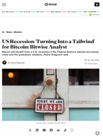 US Recession 'Turning Into a Tailwind' for Bitcoin: Bitwise Analyst - Decrypt