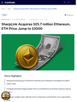 SharpLink Acquires $25.7 million Ethereum, ETH Price Jump to $3000 