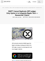 SWIFT Cannot Replicate XRP Ledger, Only Option Is to Integrate Ripple Tech — Researcher Claims