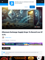 Ethereum Exchange Supply Drops To Record Low Of 4.9%