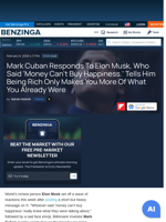 Mark Cuban Responds To Elon Musk, Who Said 'Money Can't Buy Happiness.' Tells Him Being Rich Only Makes You More Of What You Already Were  - Benzinga