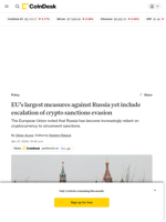 EU releases 20th sanctions package against Russia introducing specific crypto bans