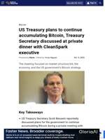 US Treasury plans to continue accumulating Bitcoin, Treasury Secretary discussed at private dinner with CleanSpark executive