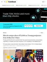 Bitcoin price news: BTC surges 5% to $71,000 as Trump postpones Iran escalation 