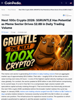 Next 100x Crypto 2026: $GRUNTLE Has Potential as Meme Sector Drives $2.8B in Daily Trading Volume