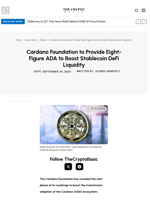 Cardano Foundation to Provide Eight-Figure ADA to Boost Stablecoin DeFi Liquidity
