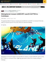 Metaplanet moves $377M in Bitcoin to Coinbase