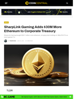 SharpLink Gaming Adds $30M More Ethereum to Corporate Treasury - CoinCentral