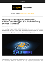 House passes cryptocurrency bill, Bitcoin price surges, BTC cloud mining service launched