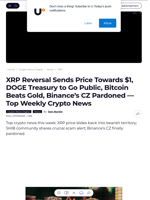XRP Reversal Sends Price Towards $1, DOGE Treasury to Go Public, Bitcoin Beats Gold, Binance’s CZ Pardoned — Top Weekly Crypto News - U.Today