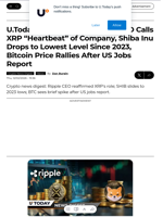 U.Today Crypto Digest: Ripple CEO Calls XRP “Heartbeat” of Company, Shiba Inu Drops to Lowest Level Since 2023, Bitcoin Price Rallies After US Jobs Report - U.Today