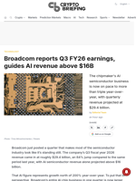Broadcom reports Q3 FY26 earnings, guides AI revenue above $16B