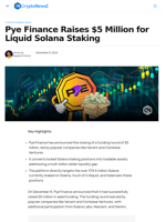 Pye Finance Raises $5 Million for Liquid Solana Staking - CryptoNewsZ