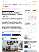 Goldman Sachs CEO Sees Tokenization as Wall Street's Next Act