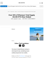 Over 30% of Ethereum Total Supply (36.3M ETH) Now Staked