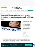 SpaceX IPO may allocate 30% to retail investors as Musk restructures X with job cuts