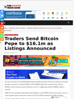 Traders Send Bitcoin Pepe to $16.1m as Listings Announced - The Crypto News Wire