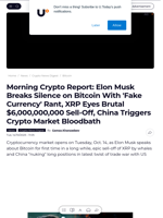 Morning Crypto Report: Elon Musk Breaks Silence on Bitcoin With 'Fake Currency' Rant, XRP Eyes Brutal $6,000,000,000 Sell-Off, China Triggers Crypto Market Bloodbath - U.Today