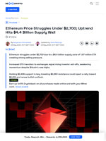 Ethereum Price Breakout Blocked By $4.4 Billion ETH Supply Zone