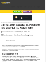 CRO, OKB, and PI Rebound as BTC Price Climbs Back From $107K Dip: Weekend Watch