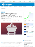 Bitcoin Mining Makes a Comeback in China, Commands 14% of Hash Rate ⋆ ZyCrypto