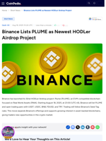 Binance Lists PLUME as Newest HODLer Airdrop Project