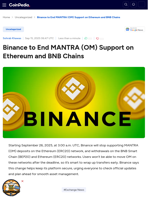 Binance to End MANTRA (OM) Support on Ethereum and BNB Chains