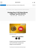 Strategy Buys 4,225 More Bitcoin, Holdings Top 600,000 BTC