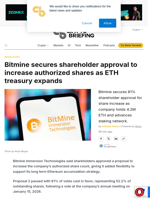 Bitmine secures shareholder approval to increase authorized shares as ETH treasury expands - Crypto Briefing