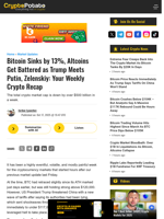 Bitcoin Sinks by 13%, Altcoins Get Battered as Trump Meets Putin, Zelenskiy: Your Weekly Crypto Recap