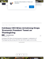 Coinbase CEO Brian Armstrong Drops 'Economic Freedom' Tweet on Thanksgiving - U.Today