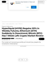 Hyperliquid (HYPE) Regains 101% in Weekly Futures, Ethereum (ETH) Suddenly in Downtrend, Bitcoin (BTC) Has 1 Week Left: Crypto Market Review - U.Today