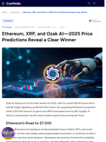 Ethereum, XRP, and Ozak AI—2025 Price Predictions Reveal a Clear Winner