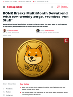 BONK ends downtrend with 60% weekly surge, teases ‘fun stuff’.
