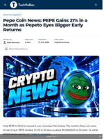 Pepe Coin News: PEPE Gains 21% in a Month as Pepeto Eyes Bigger Early Returns - TechBullion