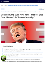 Donald Trump Sues New York Times for $15B Over Meme Coin ‘Smear Campaign’