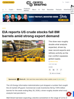 EIA reports US crude stocks fall 8M barrels amid strong export demand