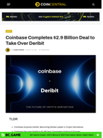 Coinbase Completes $2.9 Billion Deal to Take Over Deribit