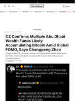 CZ Confirms Multiple Abu Dhabi Wealth Funds Likely Accumulating Bitcoin Amid Global FOMO, Says Changpeng Zhao - 