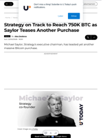 Strategy on Track to Reach 750K BTC as Saylor Teases Another Purchase - U.Today
