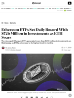 Ethereum ETFs Set Daily Record With $726 Million in Investments as ETH Soars - Decrypt