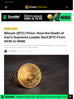 Bitcoin (BTC) Price: How the Death of Iran's Supreme Leader Sent BTC From $63K to $68K - CoinCentral