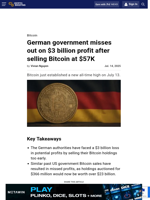 German government misses out on $3 billion profit after selling Bitcoin at $57K