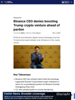 Binance CEO denies boosting Trump crypto venture ahead of pardon